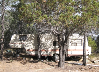 Trailer in the trees.